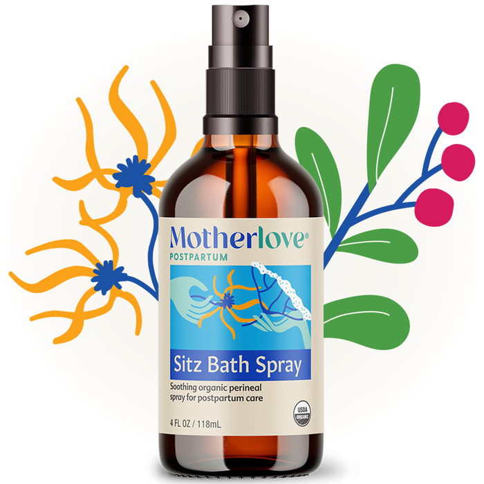 Motherlove Sitz Bath Spray bottle with colorful floral illustrations on a white background