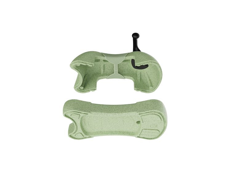 Floating image of separate parts to children's ride on toy. Caster wheels now hidden inside. Clicks together