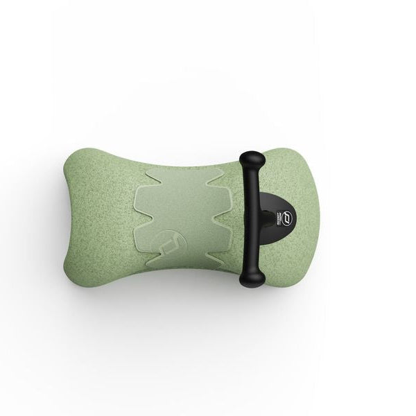 Top of children's ride on toy showing handle bar and seat on white background