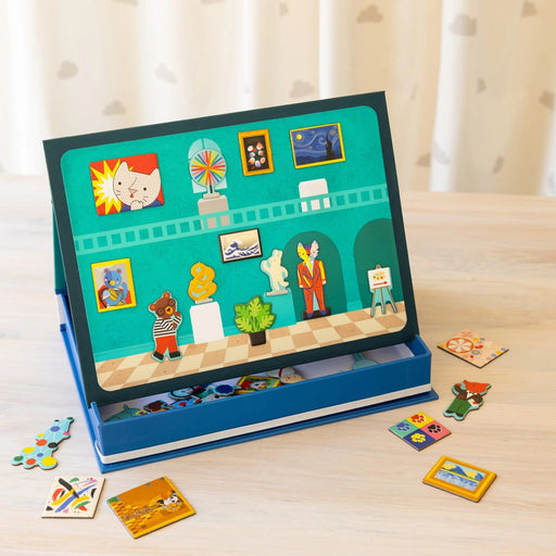 Children's magnetic playscape with colorful museum illustrations and 40 magnetic pieces