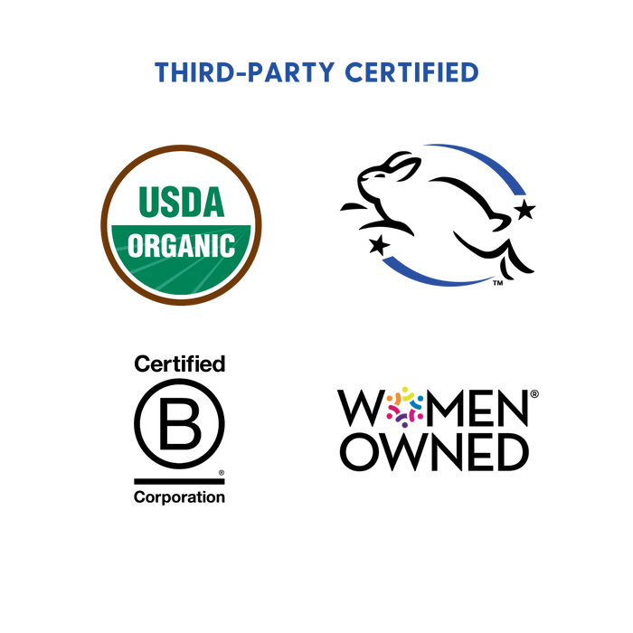 Logos of third-party certifications including USDA Organic, B Corp, and Women Owned on a white background.