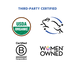 Logos of third-party certifications including USDA Organic, B Corp, and Women Owned on a white background.