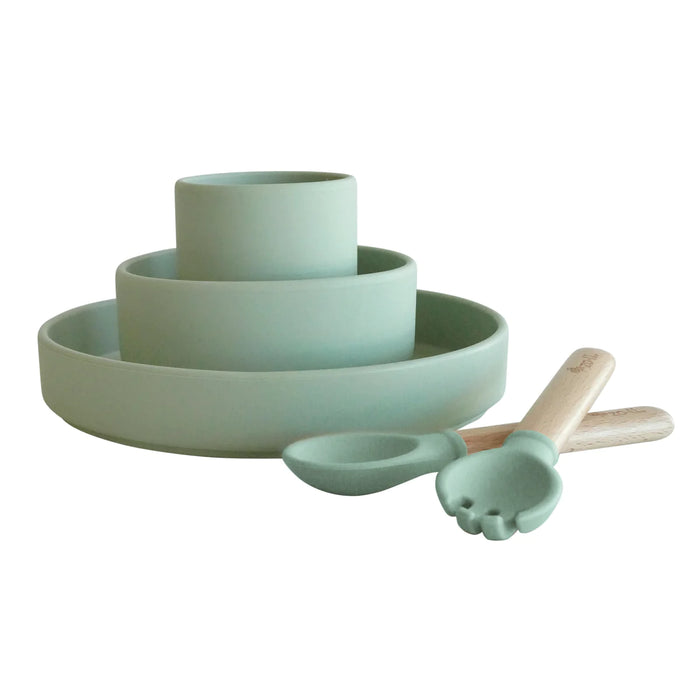 caption-Sage set of cup, bowl, plate and cutlery