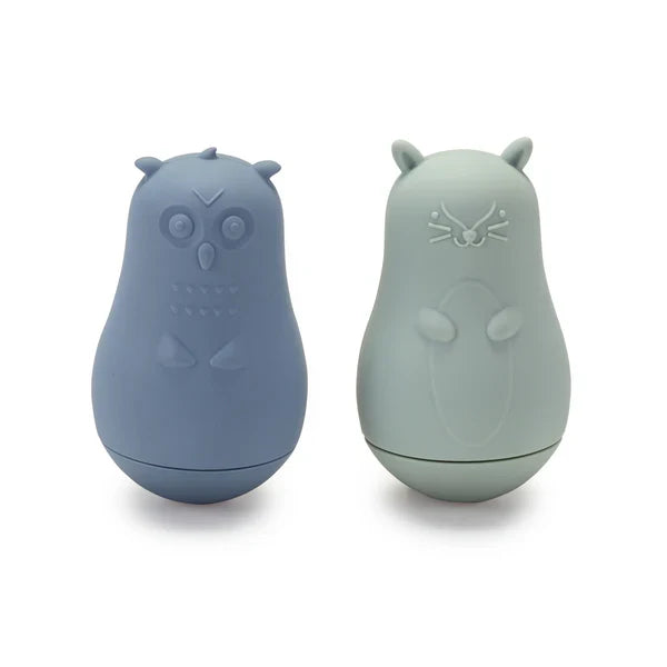 A set of two bulbous shaped silicone bath toys with woodland animal theme in blue and green