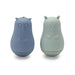 A set of two bulbous shaped silicone bath toys with woodland animal theme in blue and green