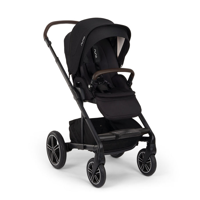 Black stroller with canopy on a white background