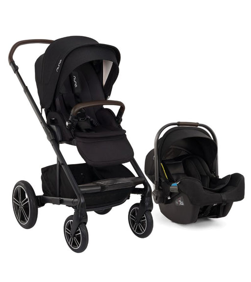 Black Nuna Mixx Next Stroller with Black Pipa Infant Car Seat in Caviar Black and Chocolate Brown Accents against a white background