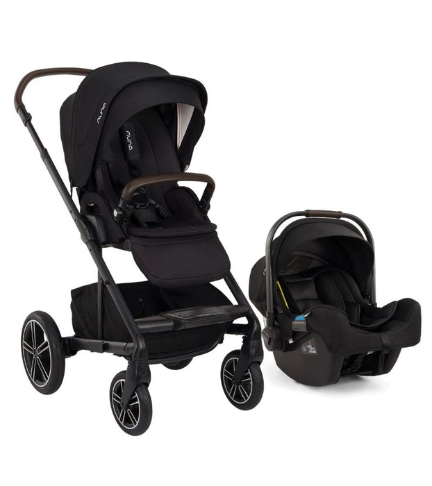Black Nuna Mixx Next Stroller with Black Pipa Infant Car Seat in Caviar Black and Chocolate Brown Accents against a white background