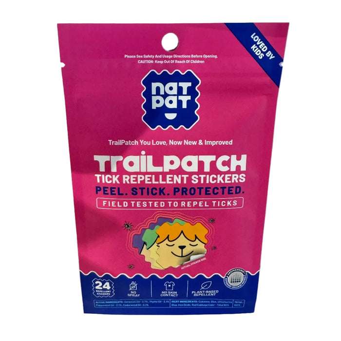 Pink and blue package of Trailpatch tick repellent stickers on a white background