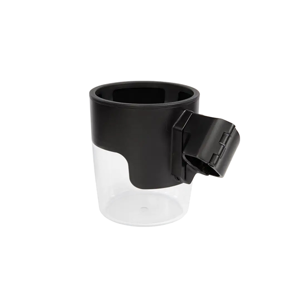 Clear plastic cupholder with black stroller adapter