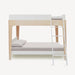 A modern bunk bed frame with a light natural wood finish and white-painted rails and ladder, shown with bedding on a solid off-white background.
