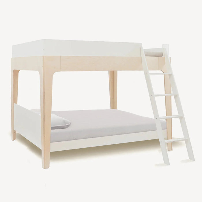 A modern full size wooden bunk bed with a light natural wood frame, white headboard and footboard, and a white ladder, shown against a plain off-white background.