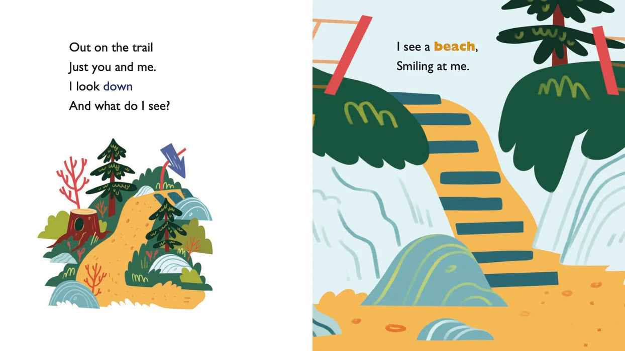 Illustration of a nature scene with text and a beach scene.