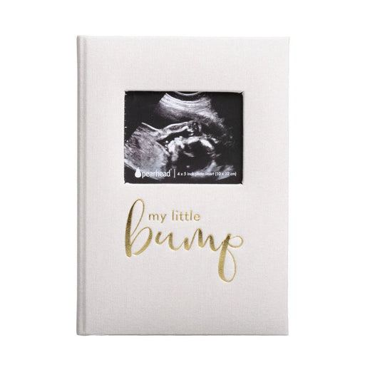 White album with 'my little bump' text and ultrasound photo on a white background