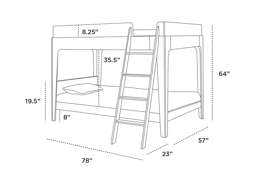 A line drawing schematic of a loft bed with dimensions labeled, including 64 inches height, 78 inches width, 57 inches depth, 19.5 inches headboard height, 35.