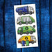 Sheet of temporary tattoos featuring colorful recycling trucks on a blue wooden background.