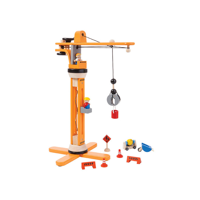 Toy construction crane set with various accessories on a white background