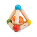 Colorful wooden toy with geometric shapes on a white background