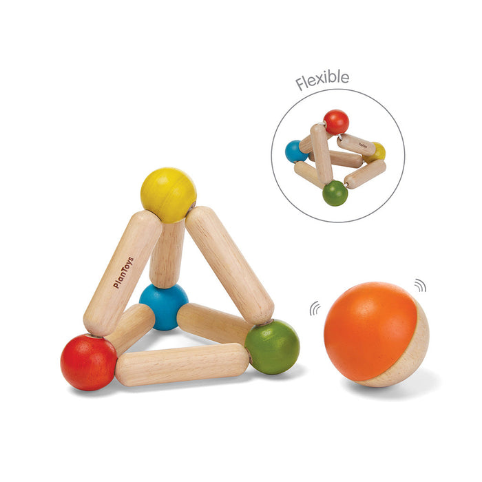 Colorful wooden ball and tube toy with a flexible feature on a white background