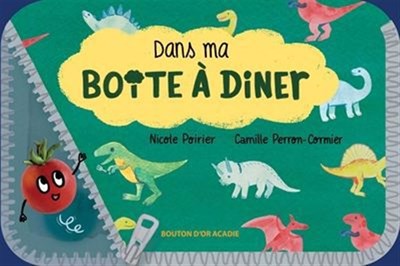 Book cover of 'Dans ma Boite à Diner' with cartoon dinosaurs and a tomato on a green background.