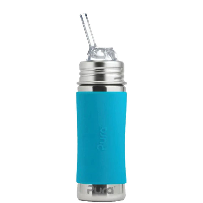 Blue water bottle with stainless components and straw lid on a white background