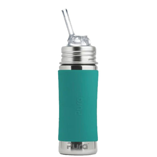Teal water bottle with stainless steel cap and straw on a white background