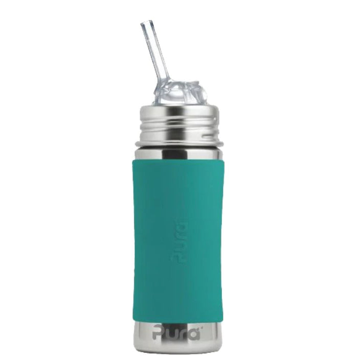 Teal water bottle with stainless steel cap and straw on a white background