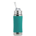 Teal water bottle with stainless steel cap and straw on a white background