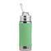 Green stainless steel children's water bottle with steel neck and silicone straw on a white background