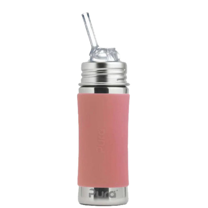 Pink water bottle with stainless detail and straw lid on a white background