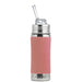 Pink water bottle with stainless detail and straw lid on a white background