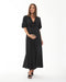 Woman wearing a black dress on a white background