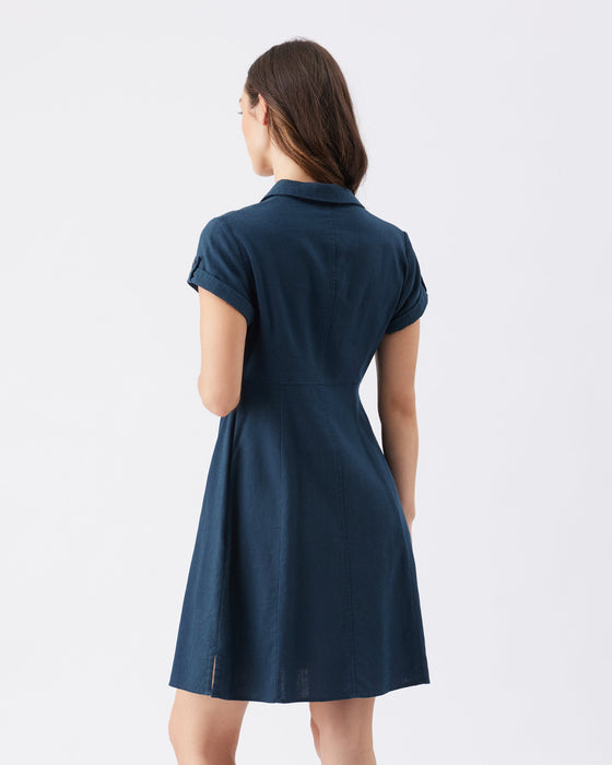 Colette Tie Up Linen Dress - Navy - Nurtured