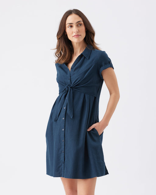 Colette Tie Up Linen Dress - Navy - Nurtured