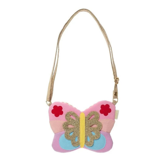 Butterfly-shaped bag with pink, gold, and blue colors on a white background