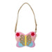 Butterfly-shaped bag with pink, gold, and blue colors on a white background
