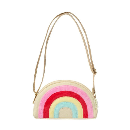 Colorful rainbow-shaped handbag with a beige strap on a white background