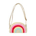 Colorful rainbow-shaped handbag with a beige strap on a white background