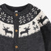 Close-up of a dark gray sweater with white reindeer pattern and wooden buttons on a white background