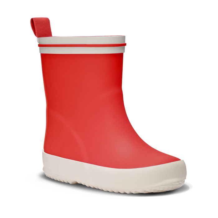 Children's red rain boot with white trim on a white background
