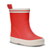 Children's red rain boot with white trim on a white background
