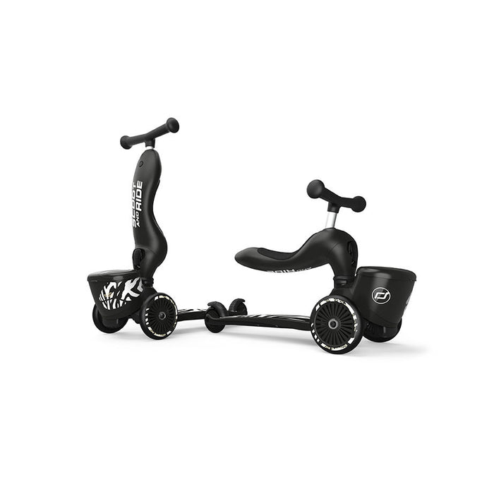 A 2-in-1 ride on toy is shown in both modes as scooter and seated push bike 