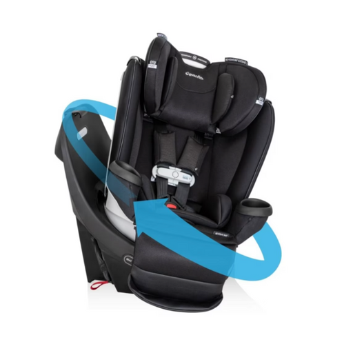 caption-The revolving component of the car seat swivels around an installed base.