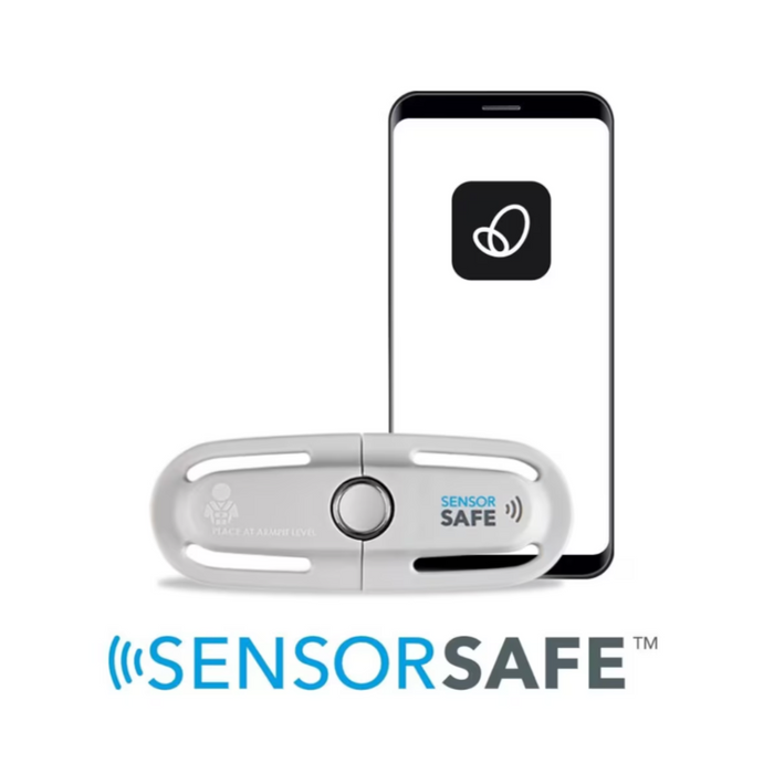 caption-close up of Sensor Safe chest clip and imagery of mobile device