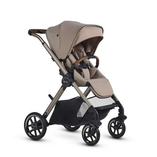 Beige and black stroller on a white background
