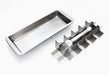 Stainless steel kitchen tool set with a rectangular tray and multiple prongs on a white background