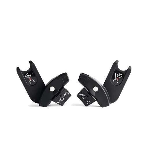 Two black Yoyo car seat adapters for a yoyo stroller on a white background