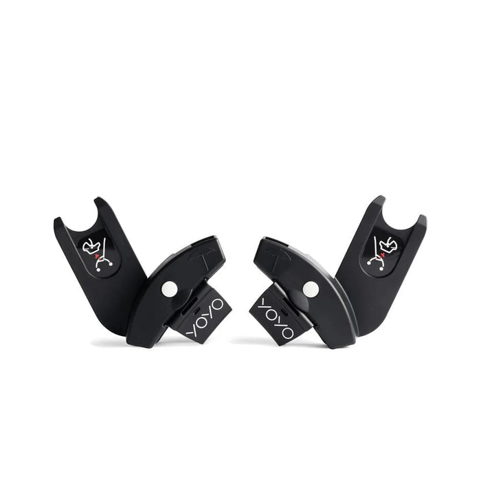 Two black Yoyo car seat adapters for a yoyo stroller on a white background