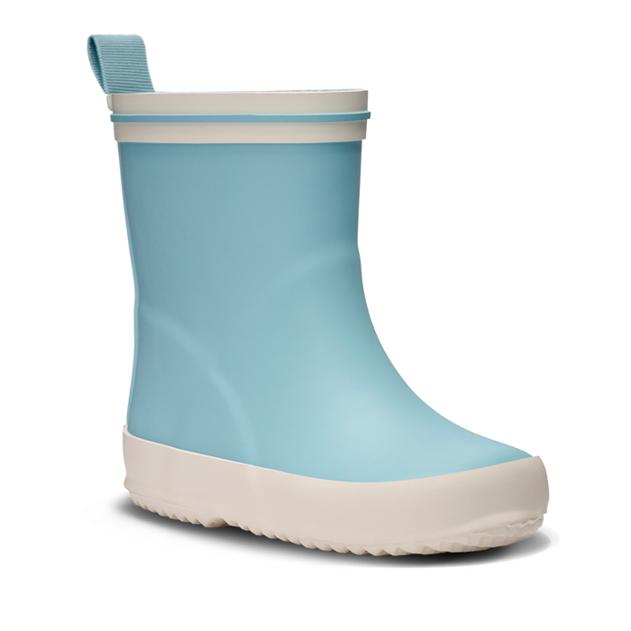 Light blue children's rain boot with white sole on a white background