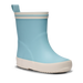 Light blue children's rain boot with white sole on a white background